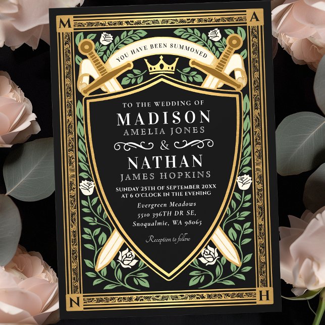 Invitación Black Floral Fantasy Sword Shield Monogram Wedding (Subido por el creador)