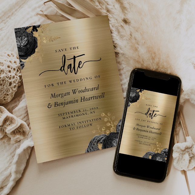 Invitación Black Floral Gold Glam Wedding Save the Date (Subido por el creador)