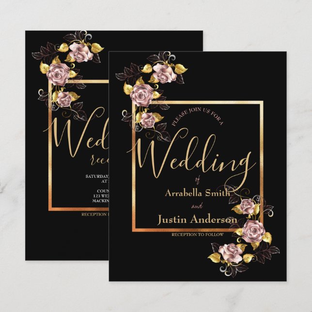 Invitación Black Floral Gold Script Elegant Wedding (Anverso / Reverso)