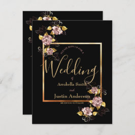 Invitación Black Floral Gold Script Elegant Wedding