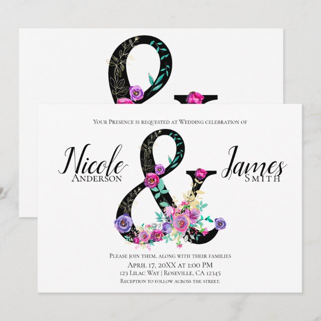 Invitación Black Floral Modern Ampersand Moda Spring Wedding (Anverso / Reverso)