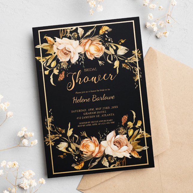 Invitación Black Floral Modern Bridal Shower (Black Floral Modern Bridal Shower Invitation)