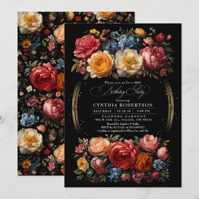 Invitación Black Floral Moody Botanical Gothday Party (Anverso / Reverso)