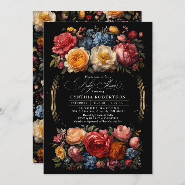 Invitación Black Floral Moody Botanical Gothic Baby Shower (Anverso / Reverso)