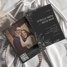 Invitación Black Floral Rustic Elegant Photo Back QR Wedding 