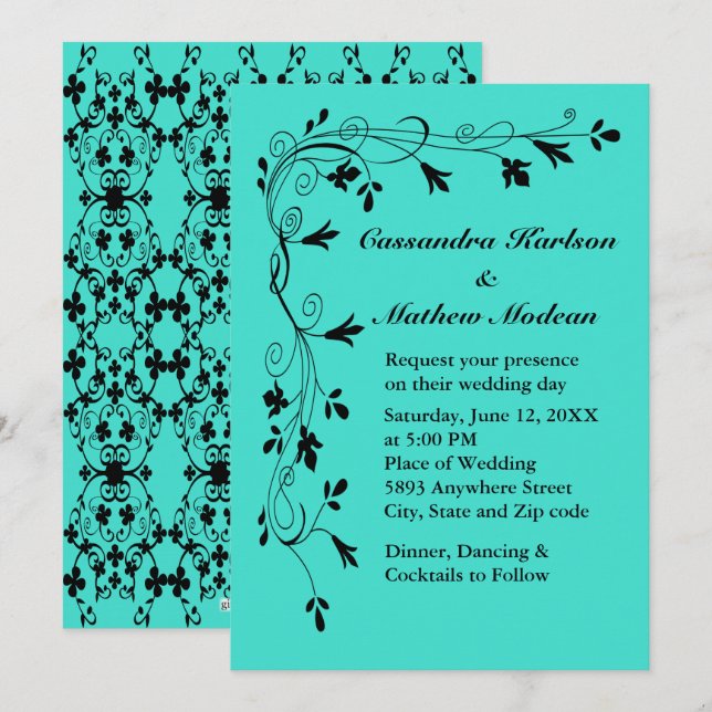 Invitación Black Floral Vines Turquoise o Wed Elección de col (Anverso / Reverso)