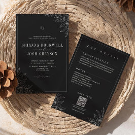 Invitación Black Flower Rustic Elegant Monogram QR Wedding 