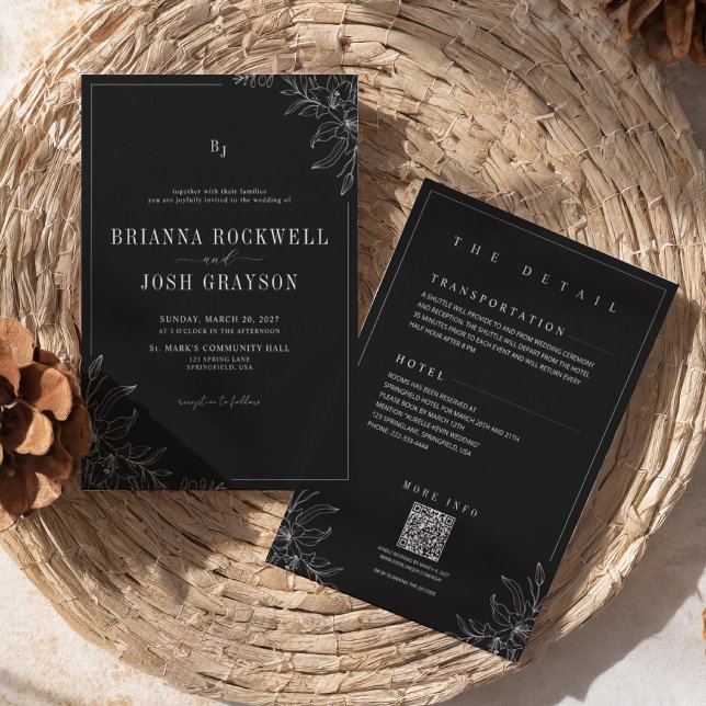 Invitación Black Flower Rustic Elegant Monogram QR Wedding  (Subido por el creador)