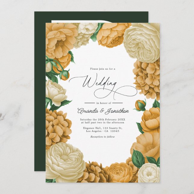 Invitación Black Forest Green, Ecru/Warm Honey Floral Wedding (Anverso / Reverso)