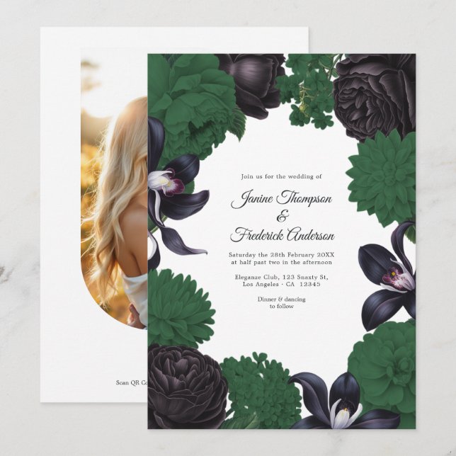 Invitación Black & Forest Green Photo/QR Code Floral Wedding (Anverso / Reverso)