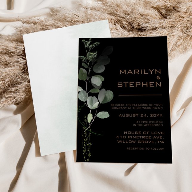 Invitación Black Formal Minimal Eucalyptus Wedding  (Subido por el creador)