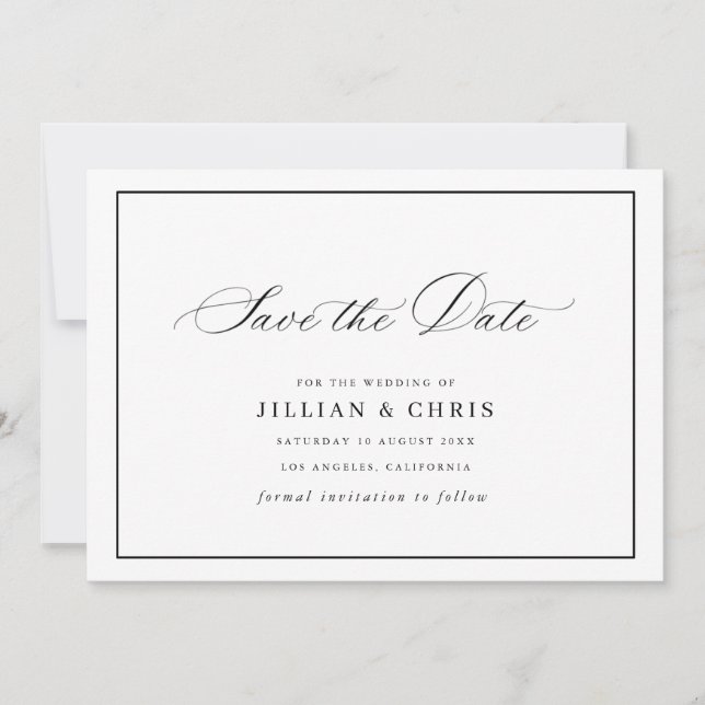 Invitación Black frame calligraphy wedding save the date card (Anverso)