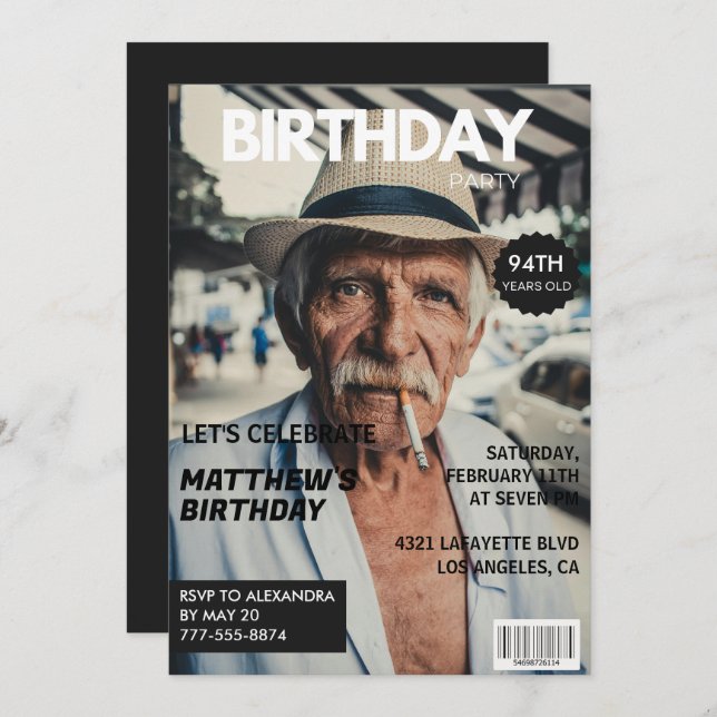 Invitación Black Funny Magazine Cover Photo 94th cumpleaños (Anverso / Reverso)