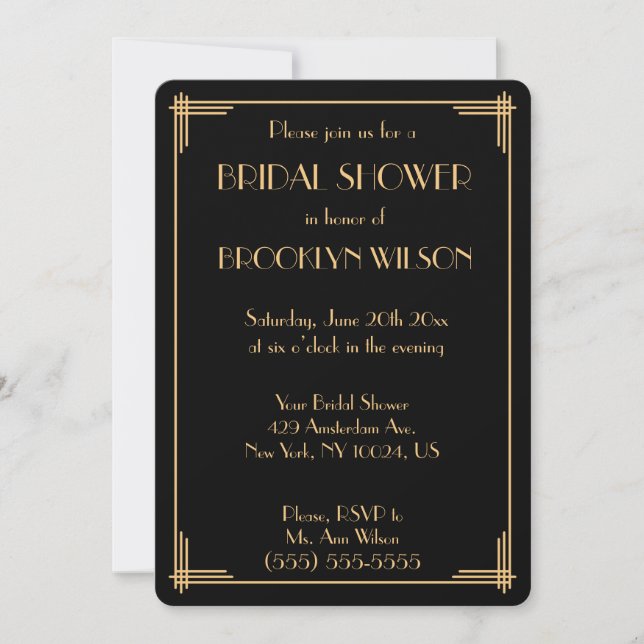 Invitación Black Gatsby Art Deco Bridal Shower (Anverso)