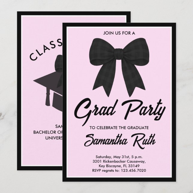 Invitación Black Gingham Bow Graduation Party (Anverso / Reverso)