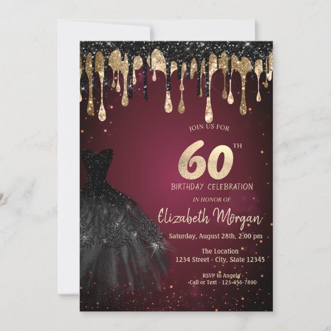 Invitación Black Glitter Drips Black Dress Dark Red 60th  (Anverso)
