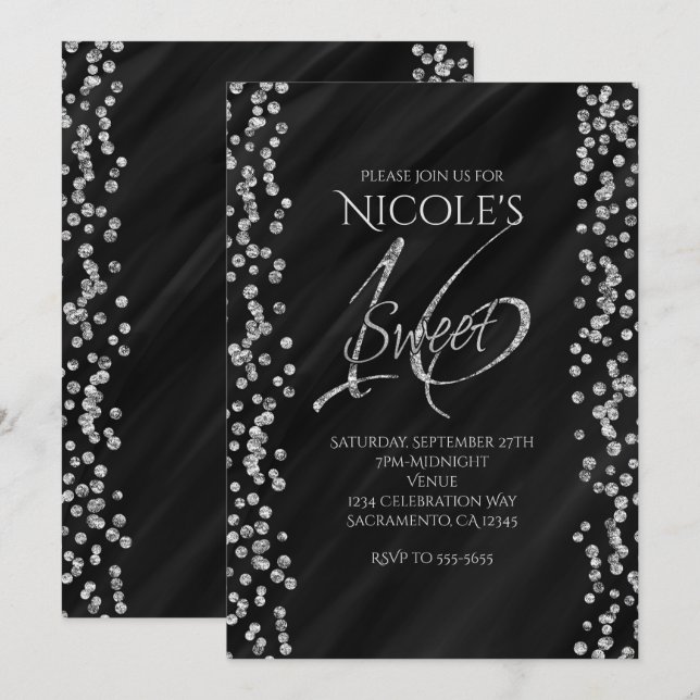 Invitación Black & Glitter Plateado Falso Glam SWEET 16 Dieci (Anverso / Reverso)
