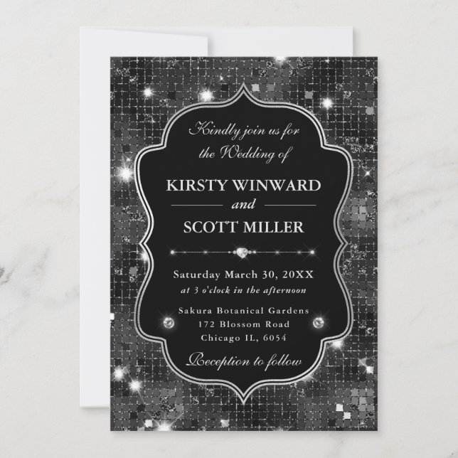 Invitación Black Glitter Shimmer Retro Luxe Frame Wedding (Anverso)