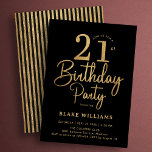 Invitación Black Gold 21st Birthday<br><div class="desc">Gold and black 21st birthday party invitation. Trendy modern design,  perfect for a stylish men's or women's bday celebration. Features script font and stylish stripes o the back. Customize with your own details. Printed Zazzle invitations or instant download digital printable template.</div>