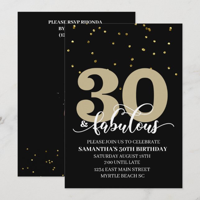 Invitación Black Gold 30 y fabulosa fiesta de cumpleaños (Anverso / Reverso)