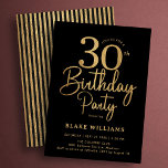 Invitación Black Gold 30th Birthday<br><div class="desc">Black and gold 30th birthday party invitation. Trendy modern design,  perfect for a stylish men's or women's bday celebration. Features script font and stylish stripes on the back. Customize with your own details. Printed Zazzle invitations or instant download digital printable template.</div>
