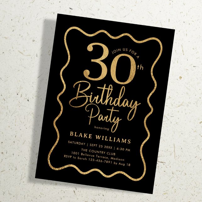 Invitación Black Gold 30th Birthday Wavy Border (Subido por el creador)
