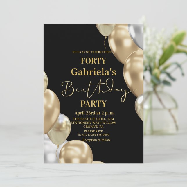 Invitación Black Gold 40th Birthday   (Anverso de pie)