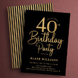 Invitación Black Gold 40th Birthday<br><div class="desc">Black gold 40th birthday party invitation. Trendy modern design,  perfect for a stylish men's or women's bday celebration. Features script font and stripes on the back. Customize with your own details. Printed Zazzle invitations or instant download digital printable template.</div>