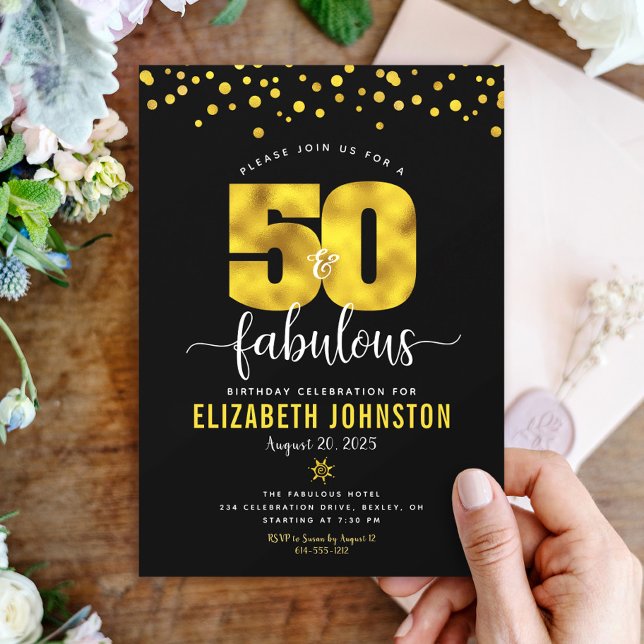 Invitación Black Gold 50 Fabuloso cumpleaños Purpurina de Gla (Subido por el creador)