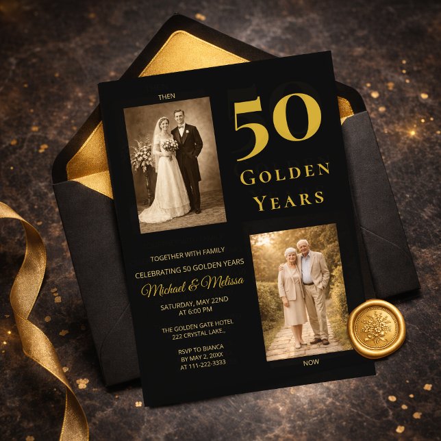 Invitación Black Gold 50th Anniversary Then Now Elegant (Elegant black and gold 50th anniversary invitation flat lay with envelope)
