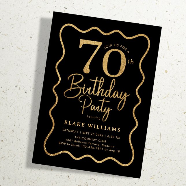 Invitación Black Gold 70th Birthday Wavy Border (Subido por el creador)