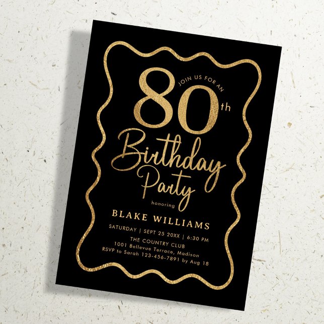 Invitación Black Gold 80th Birthday Wavy Border (Subido por el creador)