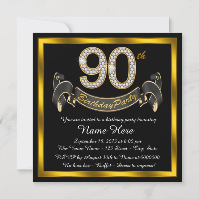 Invitación Black Gold 90th Birthday Party (Anverso)