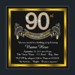 Invitación Black Gold 90th Birthday Party<br><div class="desc">Elegante invitación de fiesta de cumpleaños número 90 con diamantes de oro y pancarta en un fondo negro y dorado. Esta hermosa invitación de cumpleaños 90 en negro y oro es fácilmente personalizada para tu evento. Puede cambiar el color de fondo. Este diseño sorprendente funciona bien para un hombre o...</div>