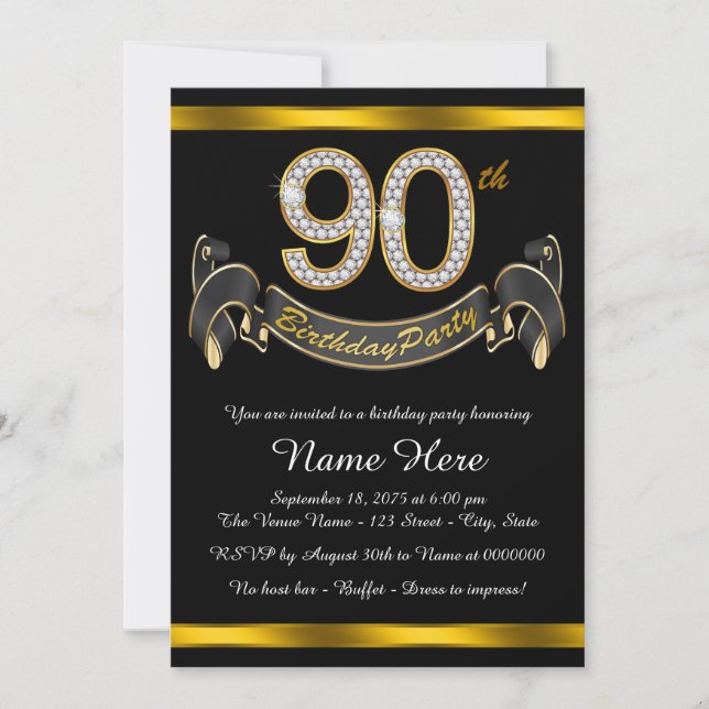 Invitación Black Gold 90th Birthday Party (Anverso)