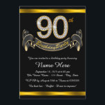 Invitación Black Gold 90th Birthday Party<br><div class="desc">Invitación a la fiesta de cumpleaños 90 con números de diamantes y pancartas en un hermoso fondo negro y dorado. Esta hermosa invitación de cumpleaños 90 en negro y oro es fácilmente personalizada para tu evento. Puede cambiar el color de fondo. Este diseño sorprendente funciona bien para un hombre o...</div>