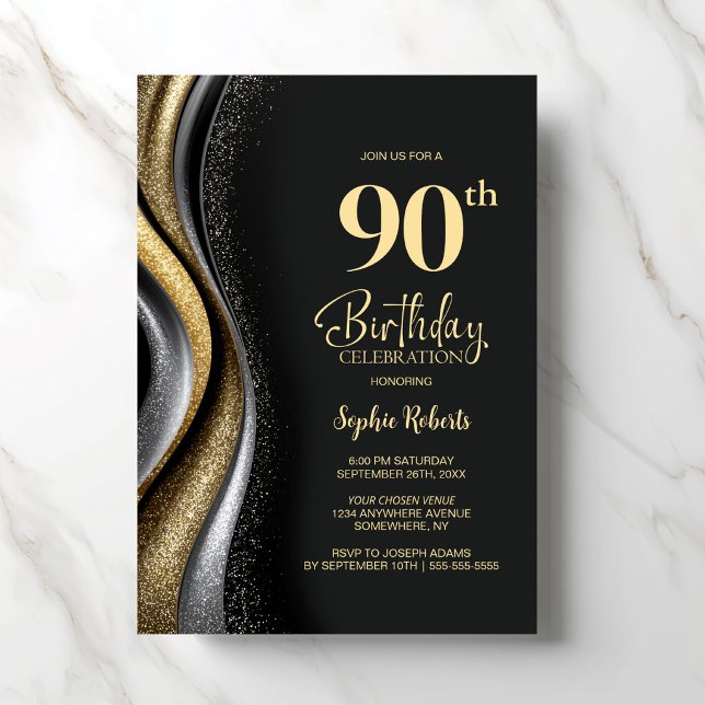Invitación Black Gold 90th Birthday Party (Subido por el creador)