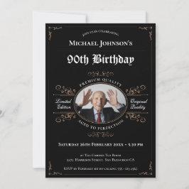 Invitación Black Gold 90th Birthday Vintage Elegant Whiskey