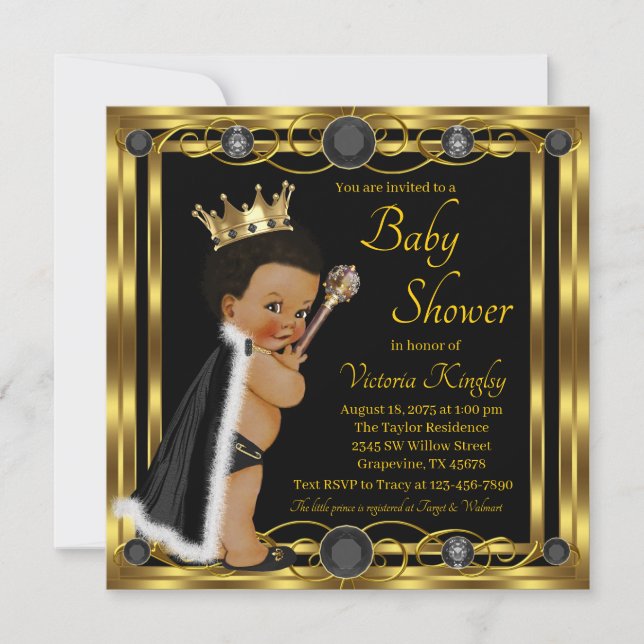 Invitación Black Gold Afro Prince Jewel Baby Shower (Anverso)