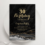 Invitación Black Gold Agate 30° cumpleaños<br><div class="desc">Invitación a la fiesta de cumpleaños número 30 para negros y dorados. Elegante diseño moderno con fondo geodésico de mármol agate acuarela, oro falso purpurina y tipografía de escritura. La carta de invitación de moda es perfecta para una elegante celebración del cumpleaños de las mujeres. Invitaciones Zazzle impresas o una...</div>