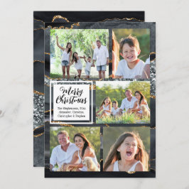 Invitación Black Gold Agate 5-Photo Merry Christmas