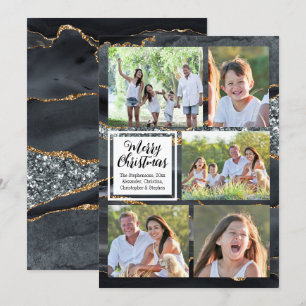 Invitación Black Gold Agate 5-Photo Merry Christmas