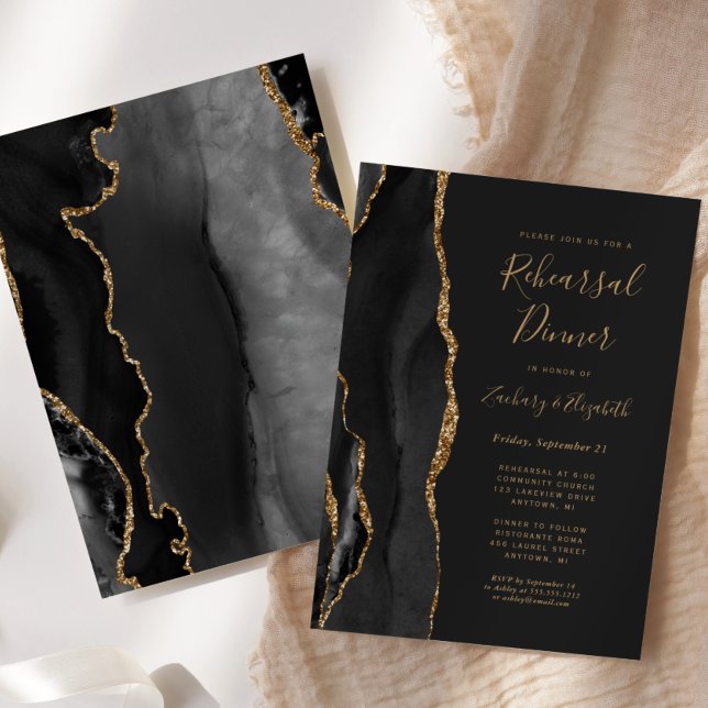 Invitación Black Gold Agate Boda oscuro Ensayo de cena (Subido por el creador)