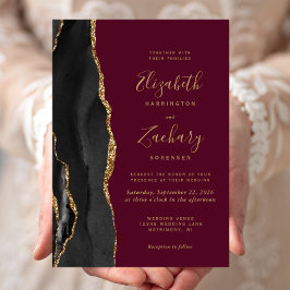 Invitación Black Gold Agate Burgundy Boda rojo