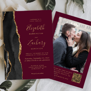Invitación Black Gold Agate Burgundy Photo QR Code Boda