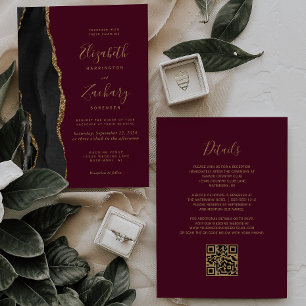 Invitación Black Gold Agate Burgundy Red QR Code Boda
