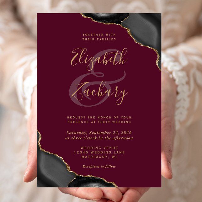 Invitación Black Gold Agate Corners Burgundy Boda (Subido por el creador)