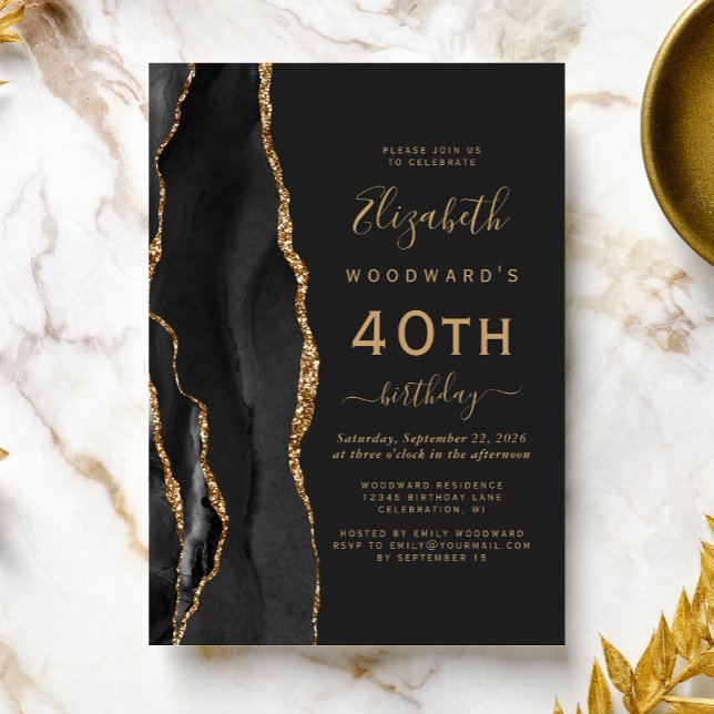 Invitación Black Gold Agate Dark 40th Birthday Fiesta (Subido por el creador)