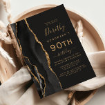 Invitación Black Gold Agate Dark 90th Birthday Party<br><div class="desc">El borde izquierdo de esta elegante y moderna invitación a la fiesta de cumpleaños cuenta con un borde de batida de color negro adornado con un falso purpurina de oro. El texto del personalizable combina la escritura a mano de color dorado, las fuentes de copperplate y cursiva sobre un fondo...</div>