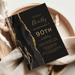 Invitación Black Gold Agate Dark 90th Birthday Party